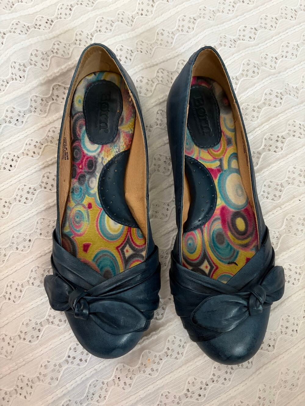 Born Blue Leather Bow Ballet Flats Women's 6.5 Comfort Slip On Shoes